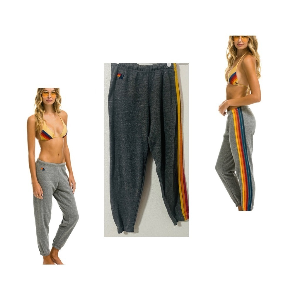 Aviator Nation Women’s XS 5 Stripe Sweatpants in Heather Grey Neon Rainbow EUC